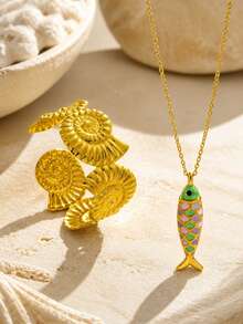 VceTd 2PCS Ocean Vacation Style Stainless Steel Women's Jewelry Set With Fish/Shell Pendant Design, Suitable For Daily Wear Or Beach Vacation Or Gift - Yellow Gold - View 7