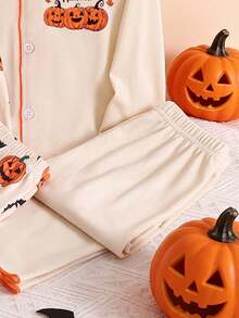 4-Piece Autumn/Winter Boys' Pumpkin Printed Long Sleeve Pants Combination Pajama Set, Skull, Spider Web, Halloween Home Dress, Entertainment Party - Multicolor - View 7