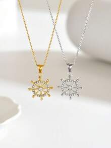 1pc Exquisite Elegant Ship Wheel Rhinestone Collarbone Necklace For Women, Luxury 18K Gold Nautical Style Ship Wheel Pendant, Niche Design High-End Stainless Steel Commute Versatile Necklace, Birthday Gift For Girlfriend And Best Friend - Necklace - View 10