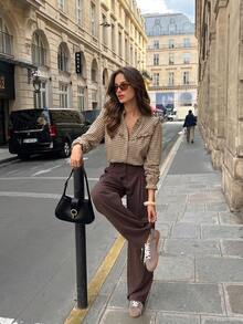 QIANZHIDU ELVA Women's Plaid Shirt, Suitable For Brunch, Office, School, Casual Outings Brown - Brown - View 4