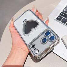 Heart-Shaped Makeup Mirror Ring Phone Case, Luxury Shiny Rhinestone Camera Protection Electroplated Anti-Drop Shell With Glitter And Shimmer, Compatible With IPhone 18 17ProMax 17Pro 17 16Promax 15 14 Plus 13 12 Pro Max 11 17Air Galaxy S26 HONOR NOTE, High-Quality Shockproof Back Cover - Silver - View 4