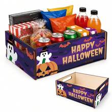 1pc Purple 2D Font Halloween Wooden Storage Box, Distressed Letter Ghost Pumpkin Bat - Multicolor - View 4