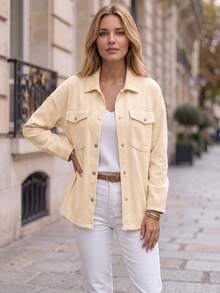 Women's Loose Shirt Jacket, Button Pocket Long Sleeve Lapel Woven Fabric Outerwear, Suitable For Autumn - Apricot - View 3