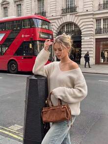 Women's Autumn/Winter New Fashion Vintage Minimalist V-Neck Lazy Daily Home Wear Outwear Knit Sweater, Fall, Winter, Y2k, Vacation, White, Casual Blouse For Women, Tops For Going Out, Vintage, Back To School, Basic Tops - Apricot - View 2