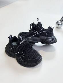 1 Pair Kids Mesh Breathable Chunky Sneakers Black & White Dual Color Hook & Loop Fashion Outdoor Non-Slip Sports Shoes - Black - View 3