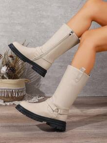 Women's Round Toe Fashion White Mid-Calf Boots, Solid Color Casual Microfiber Leather Outdoor Winter Autumn - Beige - View 1