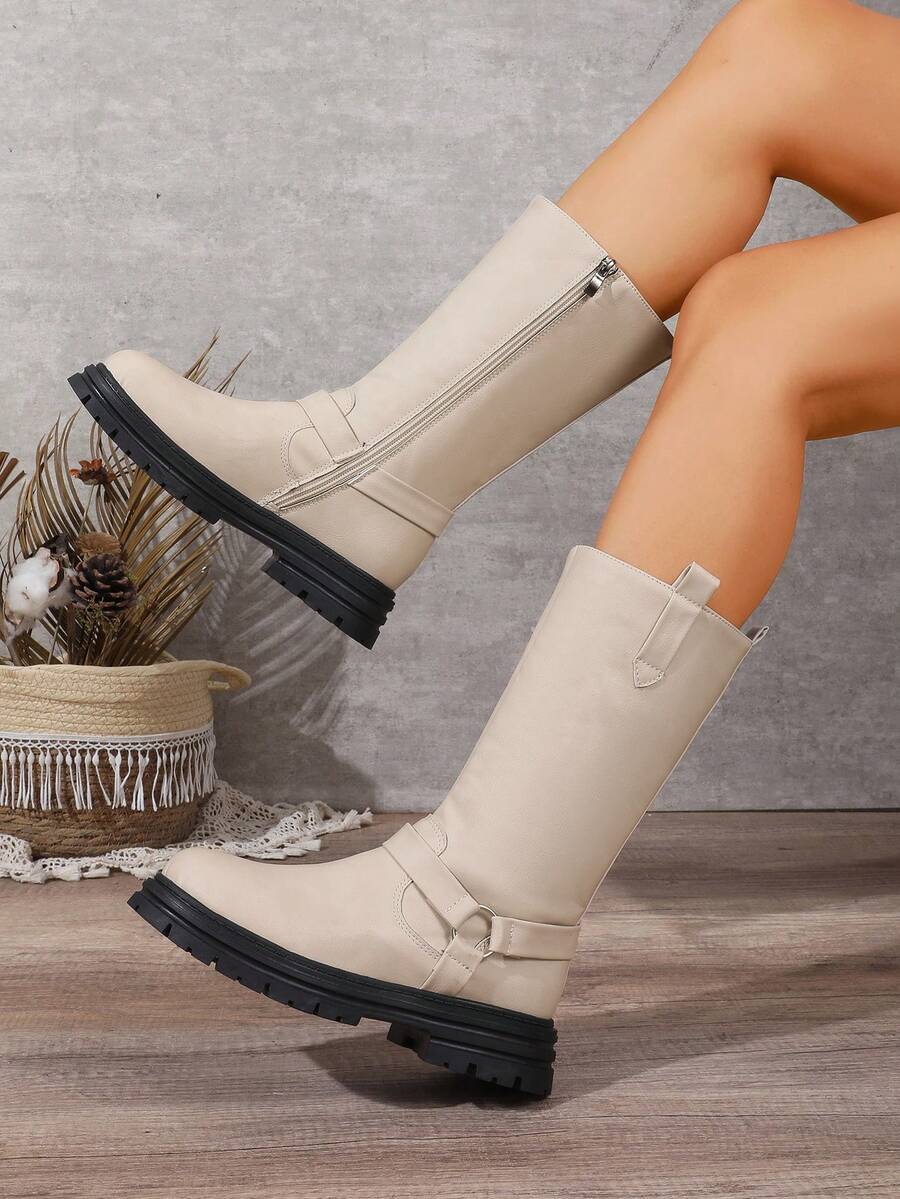Women's Round Toe Fashion White Mid-Calf Boots, Solid Color Casual Microfiber Leather Outdoor Winter Autumn - Beige - View 1