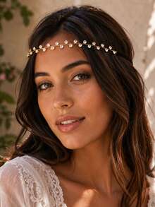 outingfit 1pc New Rhinestone Hair Chain, Fashion Shiny Crystal Bridal Headpiece Hair Accessory - Gold - View 1