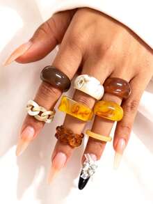8pcs Vintage Casual Fashion Women's Maillard Color Tone Rings Set, Suitable For Daily Wear, Dating, Layering - Multicolor - View 2
