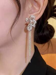 Floral Tassel Earrings For Women, Niche Luxury Fashion Elegant Versatile Stud Earrings - Silver - View 6