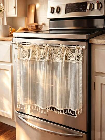 1Pc,Farmhouse-Style Faux Linen Kitchen Oven Cover Curtain With Tassels Hems And Lace Tie-Back Accents Half Curtains For Decorative Front Oven Curtain For Concealing Clutter, Multi-Purpose, Suitable As A Dust Cover For Washing,Cafe Drapes