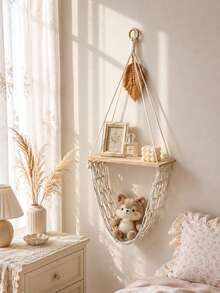 1pc Cream White Decorative Hanging Storage Rack Bohemian Farmhouse Style Triangle Hanging Design Tassel Net Hammock Display Storage Rack Plush Doll Storage Display Rack Bedroom Nursery Living Room Game Room Apartment Home Decor Wall Shelf - Beige - View 9