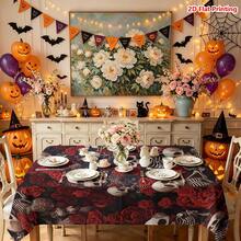 1/2pcs Halloween Tablecloth, Halloween Theme Skull And Red Rose Pattern Polyester Tablecloth Suitable For Dining Table, Coffee Table, Kitchen, Picnic, Camping, Country Farmhouse Decor, Holiday Table Setting - Multicolor - View 11