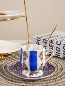 1pc Ceramic Coffee Cup & Saucer Set, 3-Legged Design, Suitable For Home, Club, Cafe Use, Gift - Multicolor - View 5