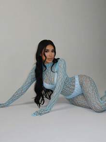 Elastic Fishnet Slim Fit Sexy Lingerie Jumpsuit - Mint Blue - View 3