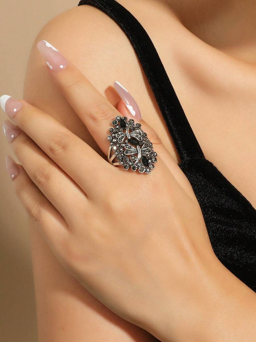 1pc Dark Gothic Vintage Geometric Hollow Rhinestone Dragonfly Ring - Antique Silver - View 1
