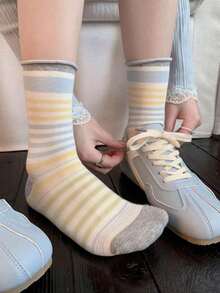 Korean Style INS Color Block Thin Striped Versatile Mid-Calf Socks, Japanese Retro Contrast Color Rolled Edge College Style Slouch Socks - Multicolor - View 6