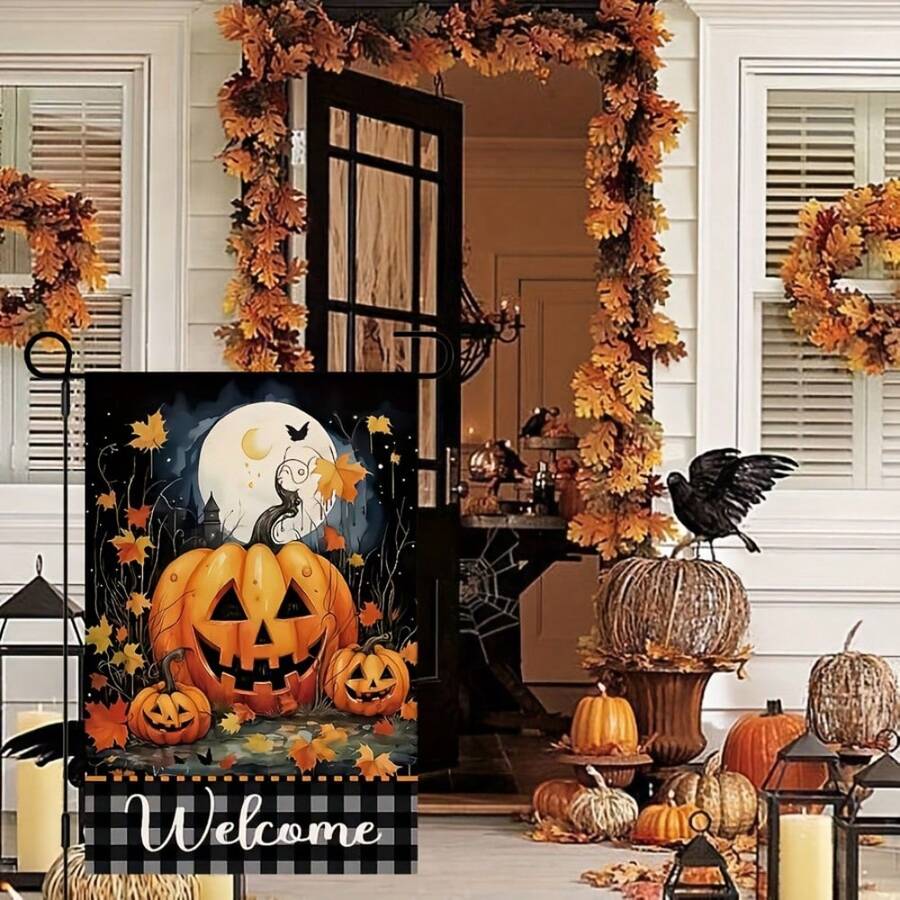 Halloween Pumpkin Garden Flag - Single-Sided Print, Durable Polyester Material, Suitable For Outdoor Party Decoration And Yard Beautification, Halloween Decor, Flag Pole Not Included
