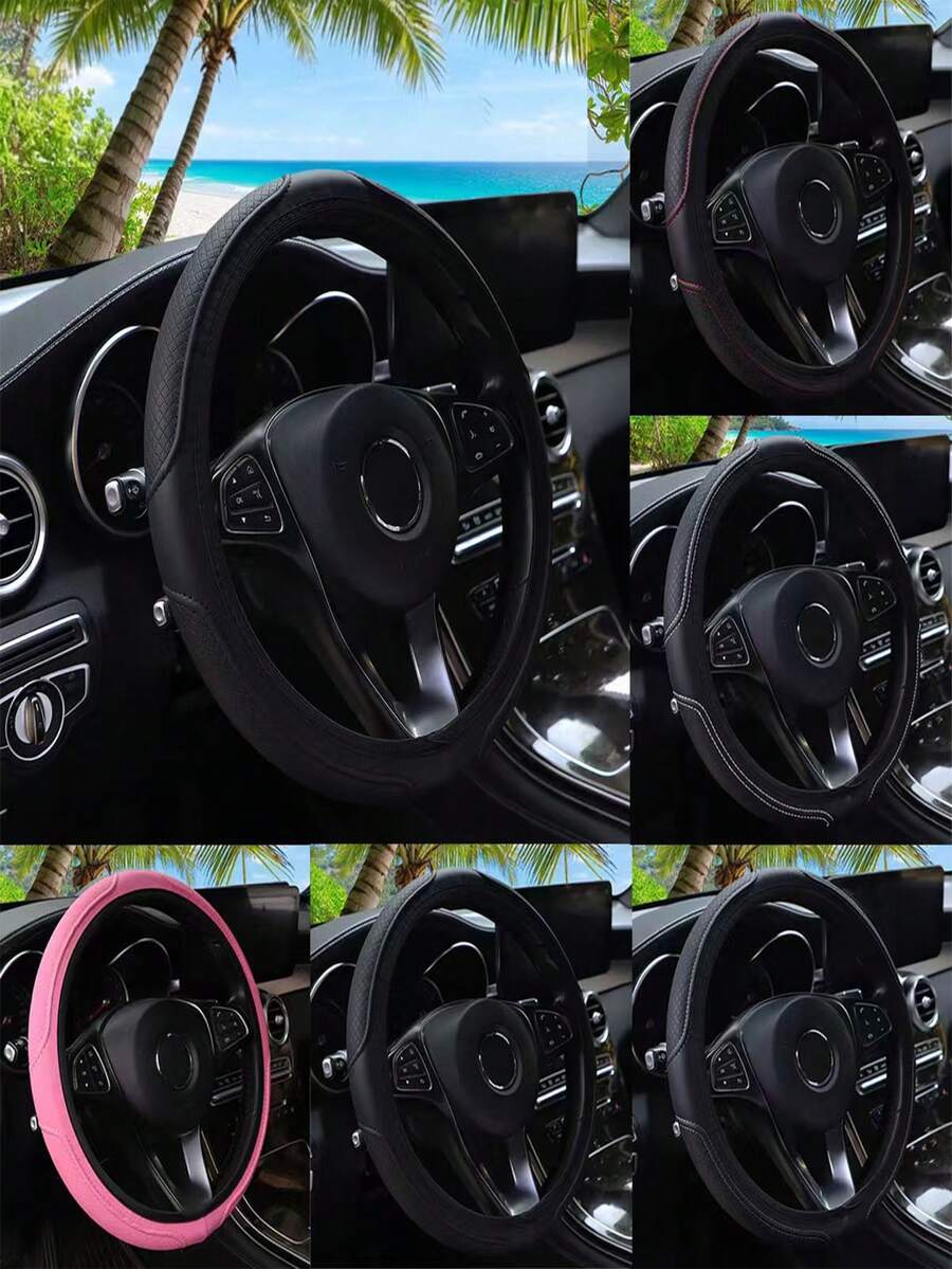 One New Leather Steering Wheel Cover Featuring A 3D Embossed Grid Pattern, Offering Comfort And Softness; Designed For Car Interiors Without An Inner Ring, Suitable For 14.5–15-Inch Steering Wheels. An Automotive Interior Accessory. - Multicolor - View 1