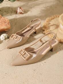 Sepatu Hak Tinggi Wanita Ujung Lancip, Modis untuk Musim Semi/Panas, Hak Tebal untuk Aktivitas Luar Ruangan dengan Hiasan Tali Belakang Tipis, Penutup Gesper, Hak Terbuka, Warna Cokelat Muda, Gaya Formal Elegan - Unta - View 5