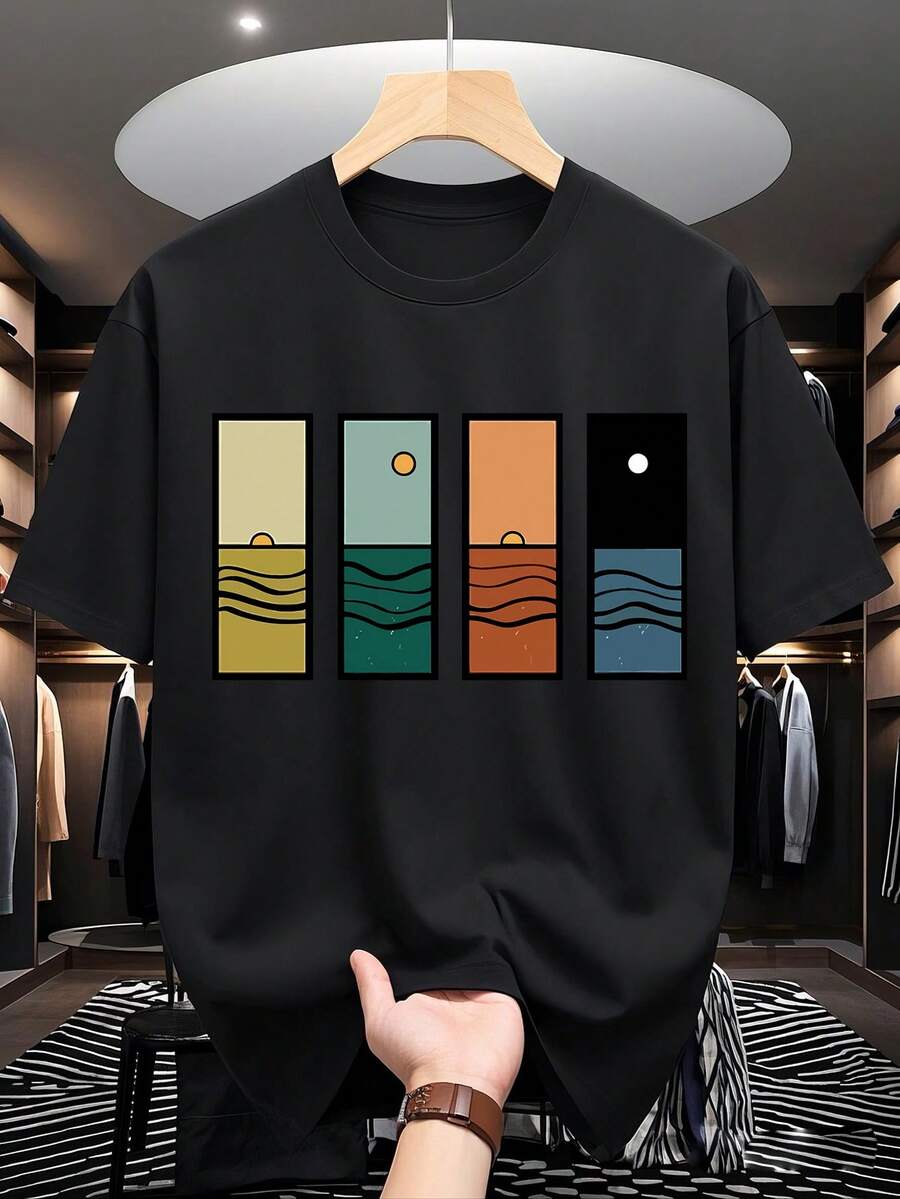 Men's Fashionable Versatile Casual Wave Line Print Round Neck T-Shirt, Summer - Black - View 1