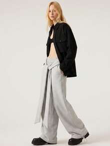 KyrLssu Women's Waist Tie Wrap Detail Wide Leg Sweatpants, Adjustable Loose Drawstring Cuffed Hem Joggers - Grey - View 4