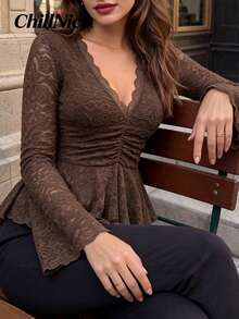 Women Fall Elegant Lace Peplum Top, V‑Neck Ruched Front Flare Long Sleeve Asymmetric Hem Blouse For Holiday Festival - Brown - View 3