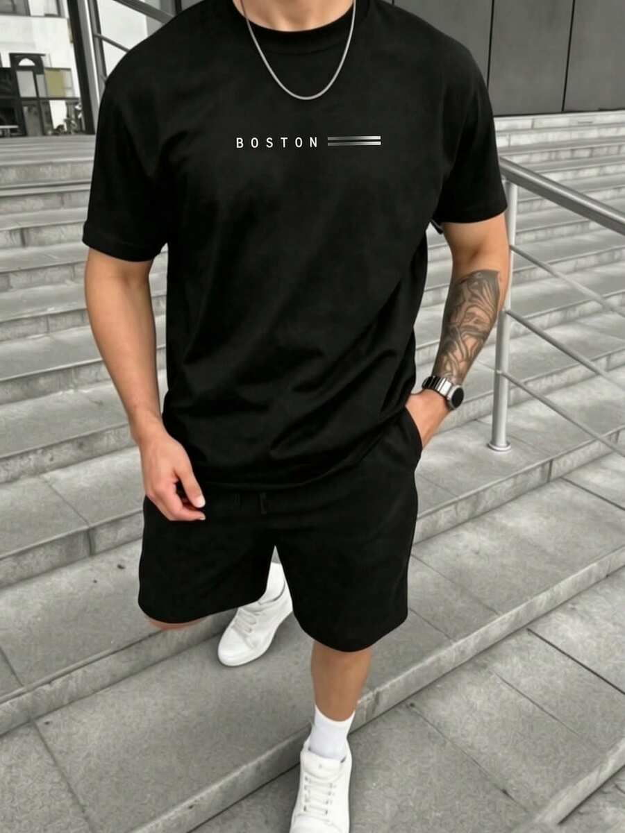 Conjunto de manga corta estampado para hombres con mangas cortas sueltas, suaves y ligeras, ropa casual de la ciudad de playa y entretenimiento diario de varios tamaños - Gris Oscuro - Ver 1