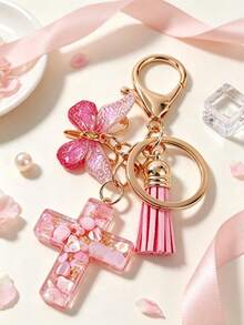1pc Pink Gold Butterfly Pendant Resin Cross Keychain, Pink Tassel Key Ring Sweet Girl Style Bag Charm, Car Key Chain Daily Holiday Gift Birthday Small Gift Aesthetic Design - Multicolor - View 7
