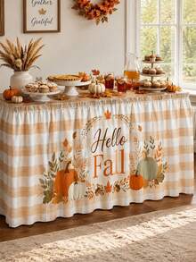 1PC Hello Fall Pumpkin Table Skirt, Cream Beige Farmhouse Polyester Ruffled Rectangular Table Cover With Autumn Wreath Maple Leaves Acorn & Orange Green Pumpkin Print, Seasonal Buffet Table Decor For Thanksgiving, Kitchen & Harvest Party - Multicolor - View 2