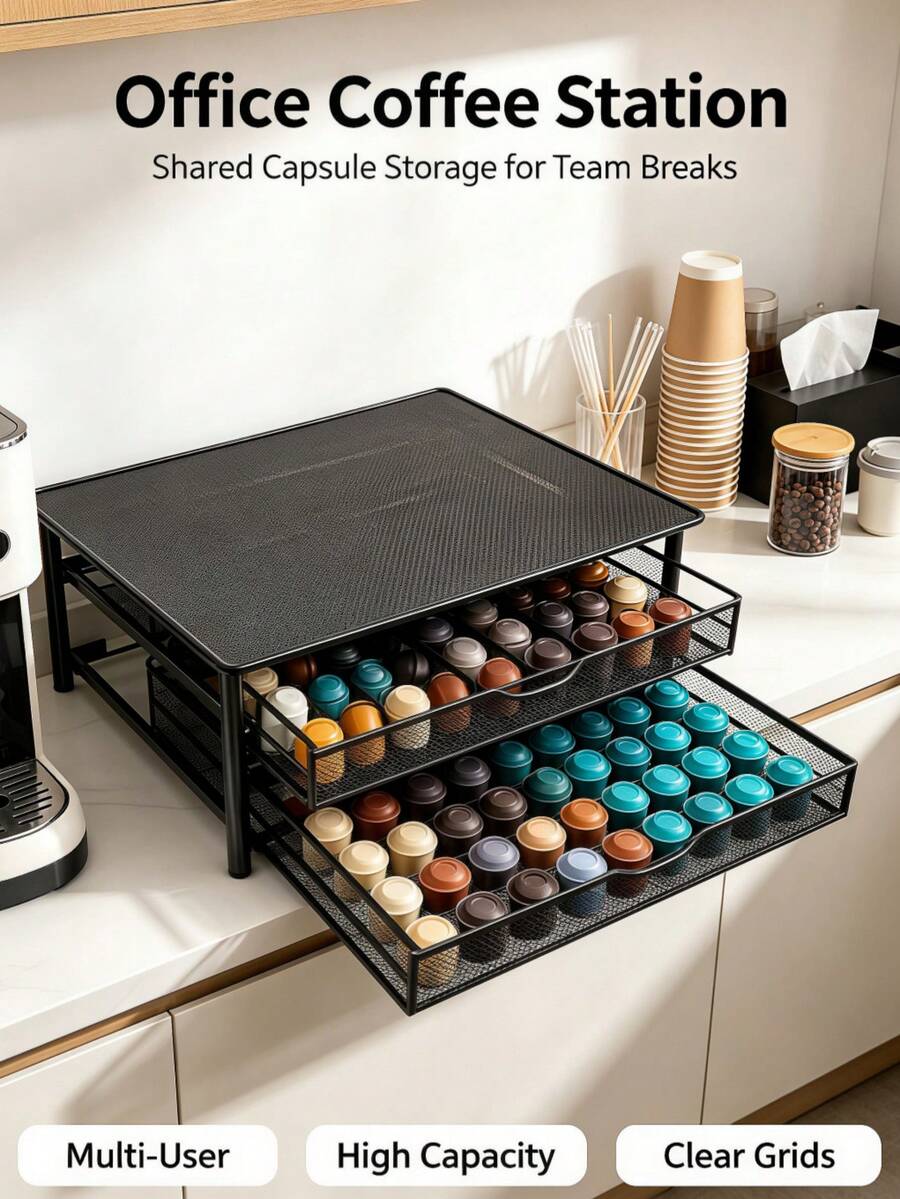 Countertop Coffee Capsule Storage Organizer, 2 Styles Available, Rectangle Rust‑Proof Iron Coffee Storage Rack With Pull‑Out Coffee Capsule Storage Drawer, Kitchen Countertop Organizer For Coffee Capsules Storage And Coffee Machine Display