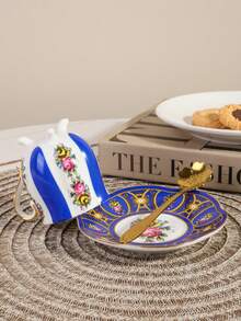 1pc Ceramic Coffee Cup & Saucer Set, 3-Legged Design, Suitable For Home, Club, Cafe Use, Gift - Multicolor - View 3