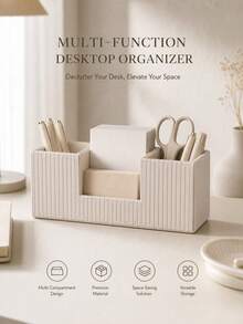 Cream-Style Vertical Striped Desktop Storage Box, Office Divided Pen Holder, Small Item Memo Remote Control Organizer - View 4