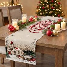 1pc Christmas Table Runner, Polyester, Vintage Rustic Style, Christmas Red House & Snowflake Design, Suitable For Winter Holiday Party Home Tabletop Decor,Home Decor,Christmas Decor,Party Supplies - Multicolor - View 4