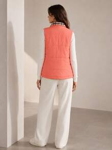 Women's Reversible Vest, 2-In-1 Sleeveless, One Side Plain, One Checkered. Loose Fit. - Coral Orange - View 3