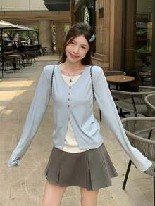 Women's 2 In 1 Patchwork Button Design Long Sleeve T-Shirt, Autumn Base Layer Top - Blue - View 5