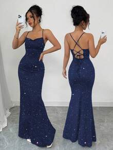 Vestido de fiesta con diseño de cordones y detalles con brillo para mujeres - Azul marino - Ver 2