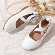 Girls' Cross Strap Bow Ballet Shoes, White Soft Sole Leather Shoes, Flower Girl Performance Shoes - White - View 4
