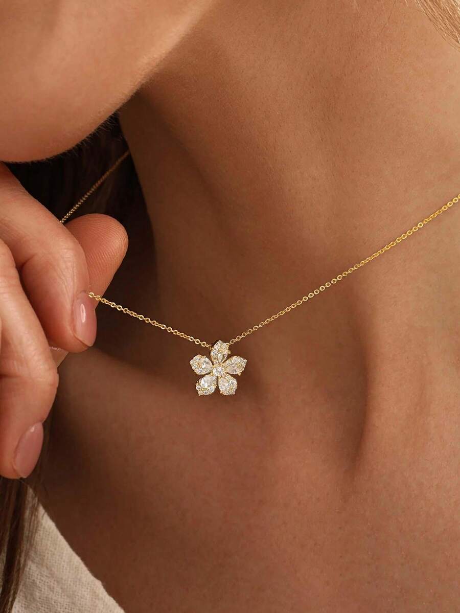 14K Gold Plated Delicate Flower Pendant Necklace, Sparkling CZ Cherry Blossom Necklace, Elegant Minimalist Women's Daily, Date, Party Wear Jewelry