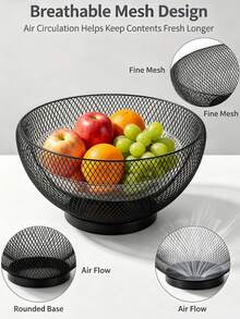 Black Metal Fruit Basket, Round Hollow Mesh Countertop Fruit Bowl, 3 Sizes Available, Fruit Holder With Stable Base, Ventilated Metal Storage Bowl For Fruits, Snacks And Tabletop Home Decorations - Black - View 2