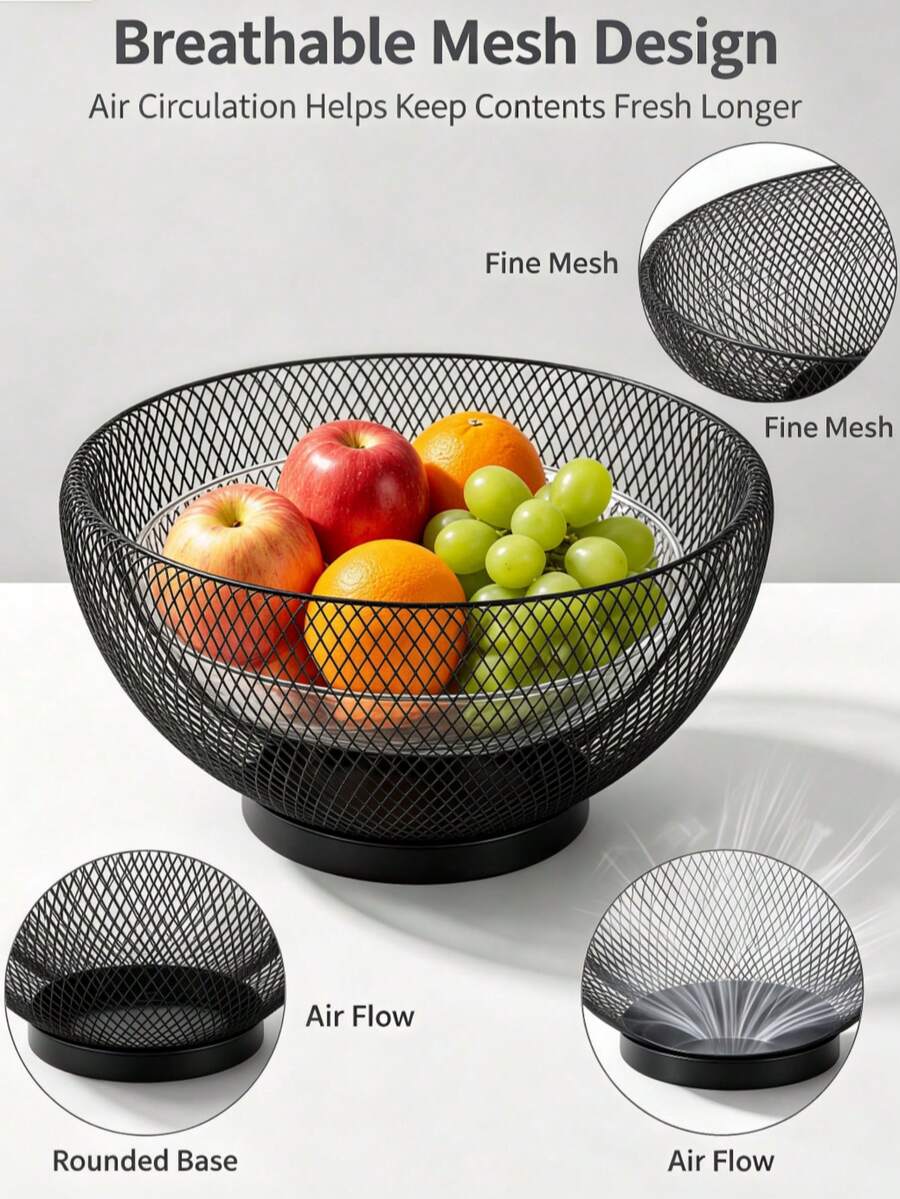 Black Metal Fruit Basket, Round Hollow Mesh Countertop Fruit Bowl, 3 Sizes Available, Fruit Holder With Stable Base, Ventilated Metal Storage Bowl For Fruits, Snacks And Tabletop Home Decorations
