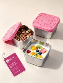Meoky 3个8盎司不锈钢零食盒，带硅胶盖，防漏小型食品储存盒，可重复使用的金属午餐盒，适用于零食、餐食准备、旅行和野餐 - 粉紅色*3件套 - 查看 2