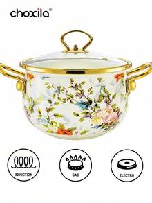 choxila 1 pieza Olla de sopa de esmalte floral vintage, olla de estofado de esmalte con patrón de pájaros y flores para mariscos con tapa de vidrio, en stock - Ver 6