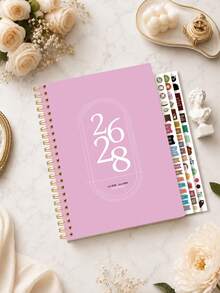 Trees July 2026–June 2028 24-Month Planner, 8.1 * 5.9 Inch A5 Black Spiral Monthly Calendar Notebook With Gold Coil And 3 Sticker Sheets For Desk Accessories Office Back To School Supplies - Pink - View 2