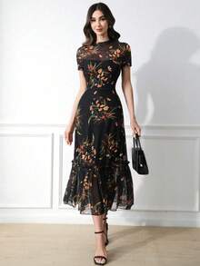 Women's Elegant Leopard Print Short Sleeve Dress with Slight Stretch Fabric, Casual and Chic Fall Style for Everyday Wear - Multicolor2 - Ver 2