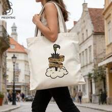 1 pieza, bolso de mano de lona estampado clásico de , con diseño vintage de cabeza de pájaro pintada, paraguas y nubes, eslogan en inglés, elegante bolso de gran capacidad, bolsa - A - Ver 4