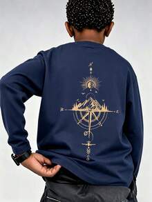 Tween Boys Long Sleeve Tee, Vintage Compass Mountain Adventure Graphic Crew Neck Soft Fall Casual Tops - Navy Blue - View 7