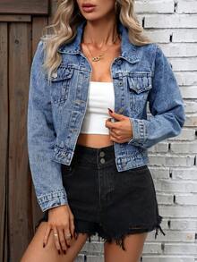 Jaket Denim Pendek Kasual Wanita dengan Jahitan Kontras - Biru - View 2