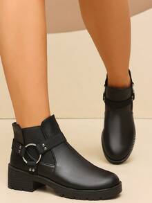 Women's Round Toe Chunky Heel Chelsea Ankle Boots With Metal Ring Buckle Decor, Cool Style, Autumn/Winter Daily Commute - Black - View 3