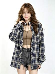 YUXIN 女款寬鬆格紋長袖襯衫,翻領鈕扣開襟附胸前口袋休閒上衣,適合秋季返校季 - 深藍色 - 查看 5